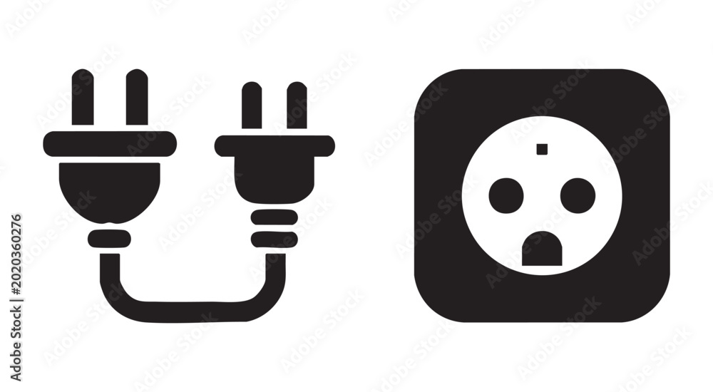 Φωτογραφία Black electric power plug and socket outlet icons isolated on transparent background for home use
