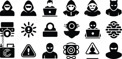 Anonymous Hacker Silhouettes with Digital Threats and Security Icons on White Background Vector