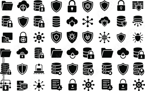 Data security icons in silhouette form with cloud and network elements against a white background