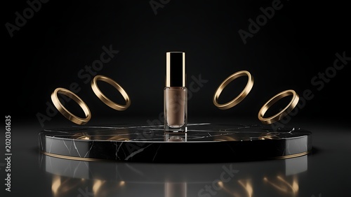 Luxury Makeup Bottle Mockup on Black Marble Platform with Gold Accents