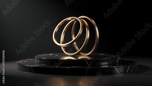 Golden rings on black marble stand