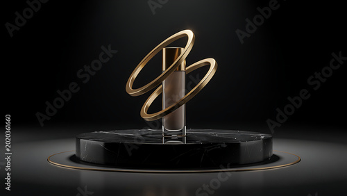 Luxury Cosmetic Product Display on Black Marble Podium with Golden Rings
