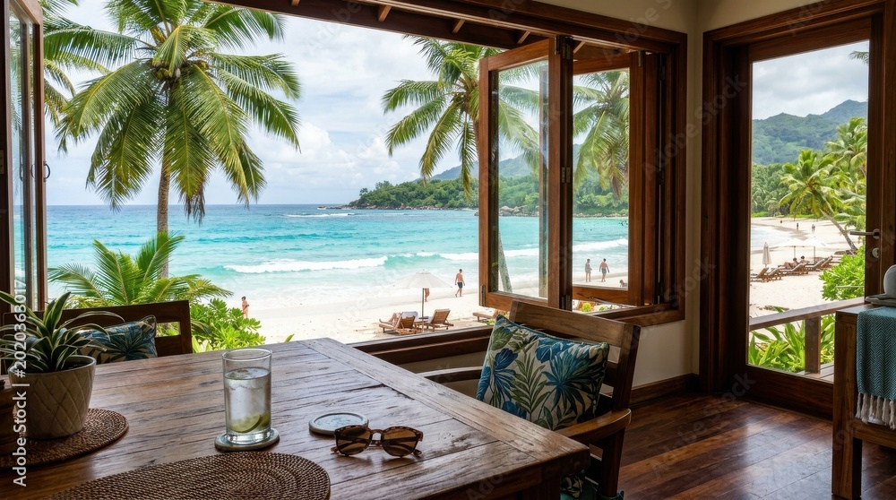 Fototapeta premium Tropical beach view from wooden table indoors, palm tree and ocean window, summer vacation resort, relaxation paradise sea,