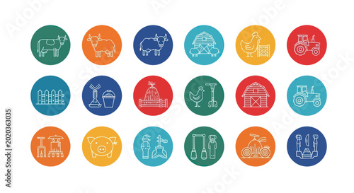 Foto Farm Icons Set: Animals, Tractor, Barn, Chicken, Pig, Sheep, Cow, Goat