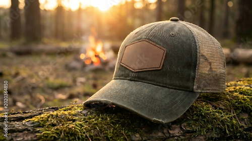 Outdoor Adventure Trucker Hat Mockup with a Leather Patch, Perfect for Camping and Hiking Apparel Mockup