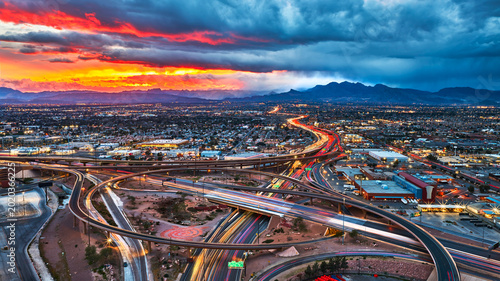 Aerial Las Vegas Spaghetti Bowl Highway Downtown Cityscape at Golden Hour