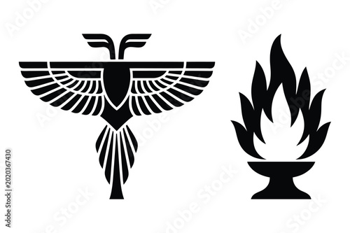Obraz na plátně Mythological bird and flame silhouette with mythological creature egyptian