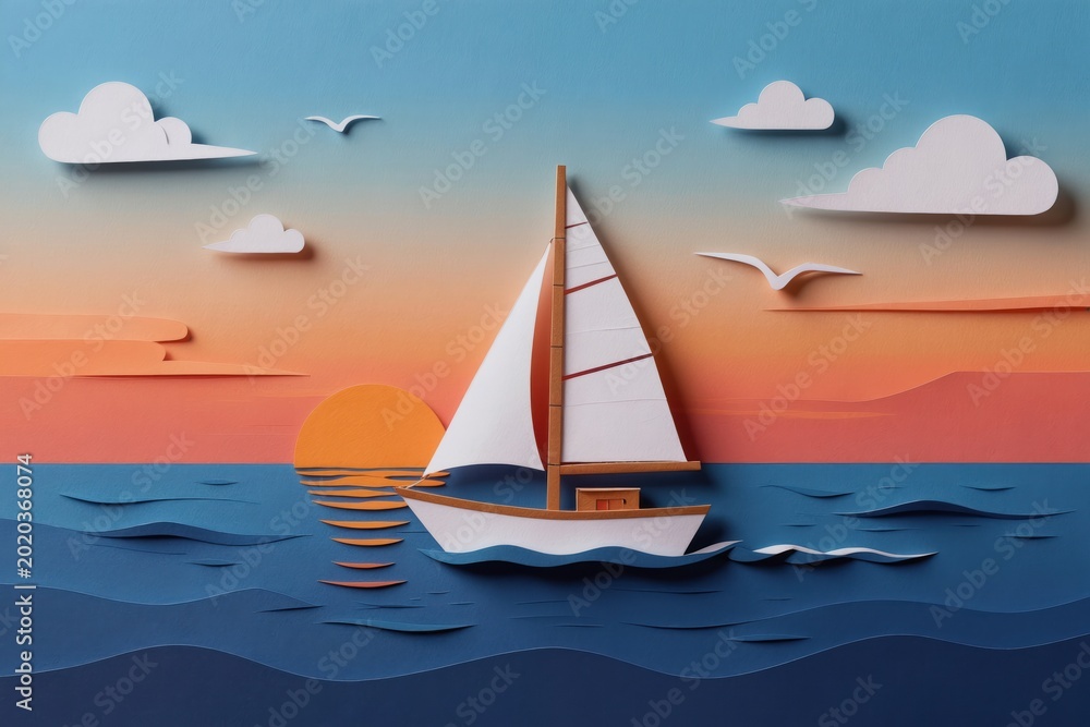 Fototapeta premium Paper sailboat glides on wavy ocean. Warm sun sets over horizon painting sky orange and blue. Birds fly over calm water. This art piece evokes peace.
