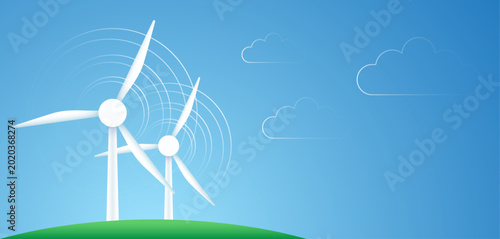 Wind turbines for renewable energy and clean power, vector illustration. Concept background of eco-friendly technology and environmental conservation.
