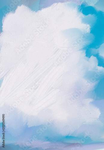 Impressionistic Misty, Foggy Billowy Clouds Over Vibrant Colorful Sky - Digital Painting, Art, Artwork, Design, Illustration in Blue & Lavender w/ Canvas & Paint texture
