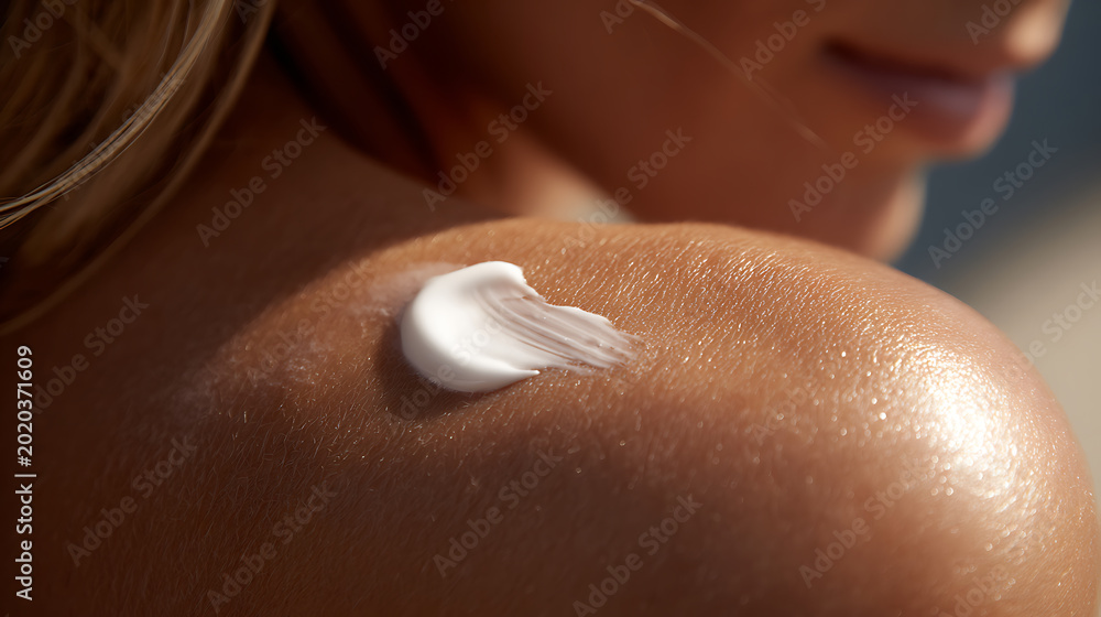 Fototapeta premium Close up of woman applying skincare cream to her shoulder, showing healthy, glowing skin and sun protection readiness, a serene beauty ritual