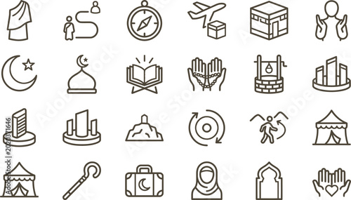 Bild auf Leinwand Islamic pilgrimage icons set representing Hajj and Umrah journey elements in a c
