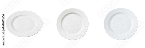 Photos Set and collection of empty white ceramic plate isolated on white background