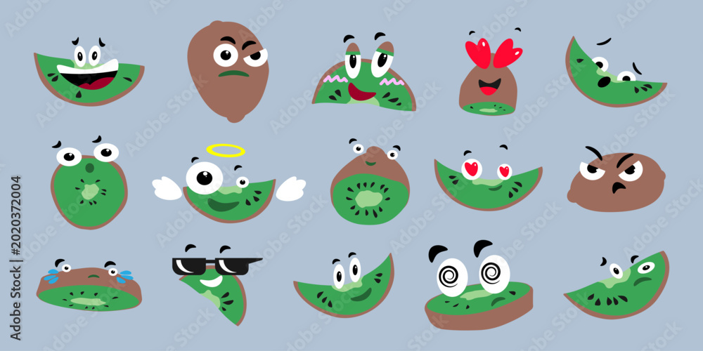 Wall Mural Cute kiwi cartoon characters with various facial expressions