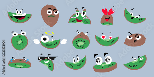 Cute kiwi cartoon characters with various facial expressions. Fresh fruit emotional faces collection for stickers, labels, kids design, patches and social media. Vector illustration