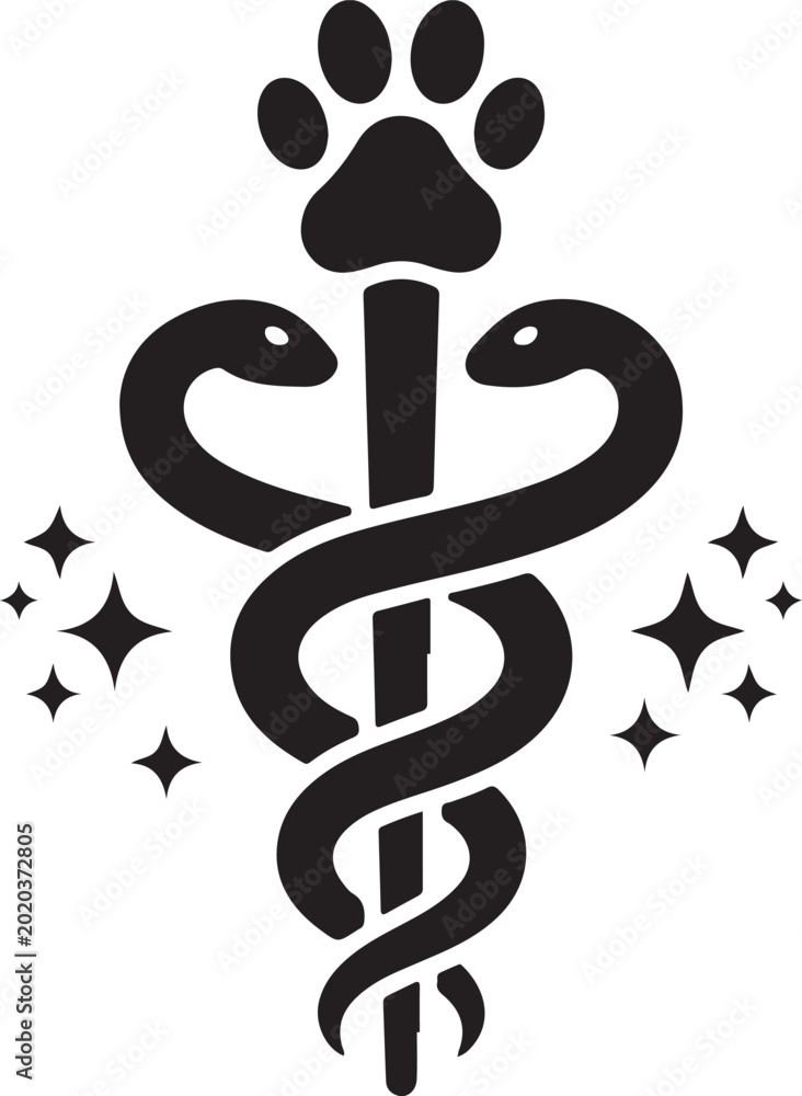 Fototapeta premium Veterinary medical symbol with snakes and dog paw print icon graphic