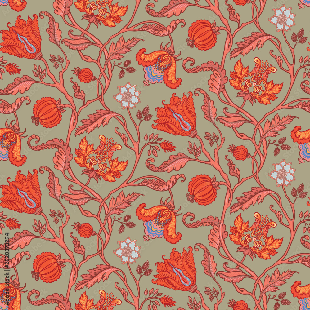 Fototapeta premium Chintz inspired Floral vintage seamless pattern in Jacobean style for retro wallpapers. Enchanted Vintage Flowers. Design for wrapping paper, wallpaper, fabrics and fashion clothes.