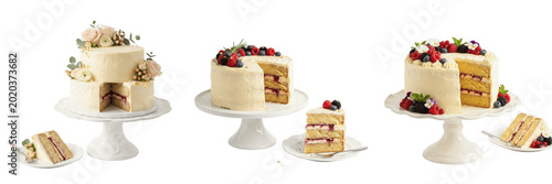 Bild auf Leinwand Set and collection of whole and sliced strawberry cake on stand isolated on whit