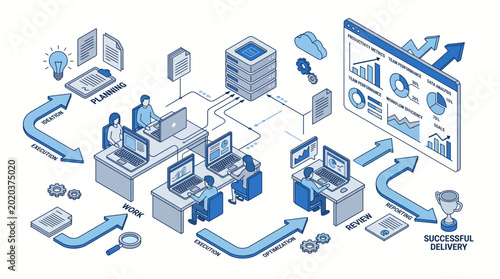 Business Process Management and Data Analysis Workflow Illustration with Team Collaboration and Successful Delivery