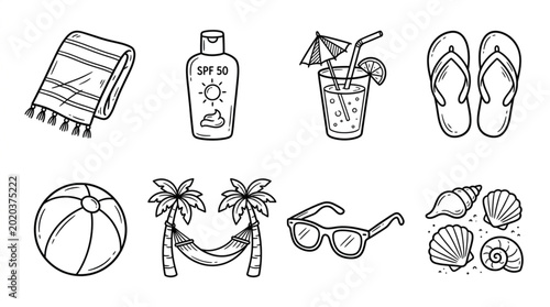 Summer beach vacation icons and symbols collection.