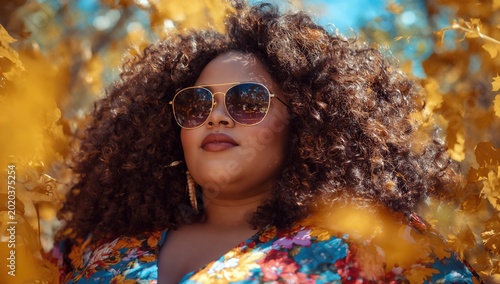 Portrait of a confident woman in a colorful outfit enjoying nature during a sunny day in autumn with golden leaves surrounding her