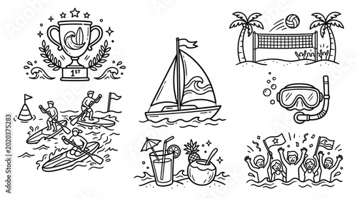 Summer Beach Activities and Sports Collection Doodle Art.