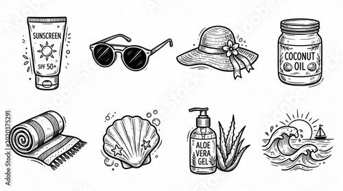 Summer beach essentials collection hand drawn sketch.