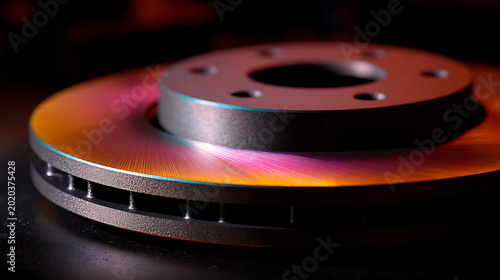 Close-up of a vibrant  iridescent metal disc with colorful reflections  highlighting intricate details and textured surface against a dark background