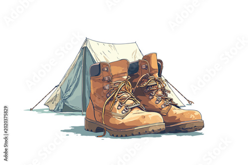 Dirty Boots Resting Beside Tented Campsite isolated
