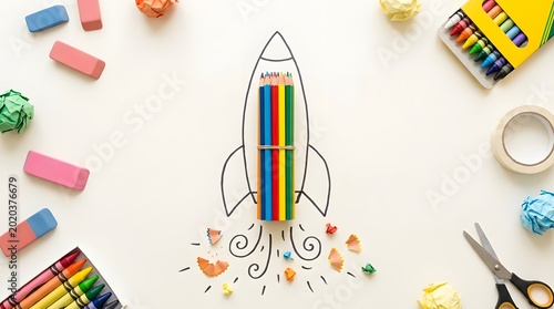 Pencils forming rocket launching with school supplies