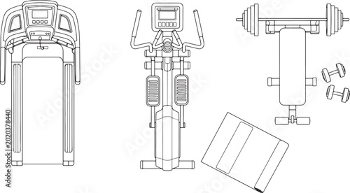 Gym equipment set with treadmill elliptical machine weight bench and dumbbells in top view line art vector
