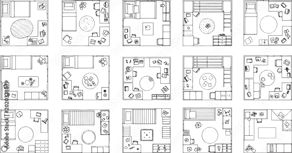 Fototapeta premium Set of fifteen architectural floor plan layouts for small apartments featuring furniture arrangements in black line art