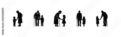 Silhouettes of generations, representing the passage of time and family connections, holding hands.
