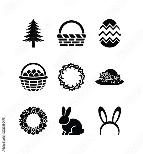 A collection of nine black and white icons representing Easter and holiday themes.