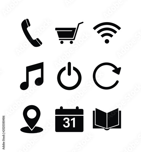 A grid of nine black icons representing common digital functions like phone, shopping, Wi-Fi, music, power, refresh, location, calendar, and an open book.