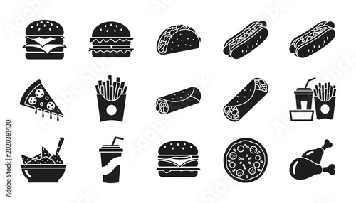 Fast Food Icons Set, Delicious Burger, Pizza, Taco, Hot Dog, Fries, Nachos, Drinks, Chicken Leg Vector Graphics