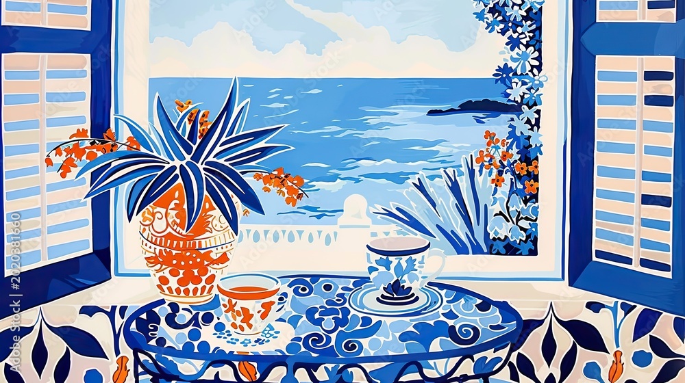 Naklejka premium Scenic mediterranean window view with morning coffee and decorative pottery