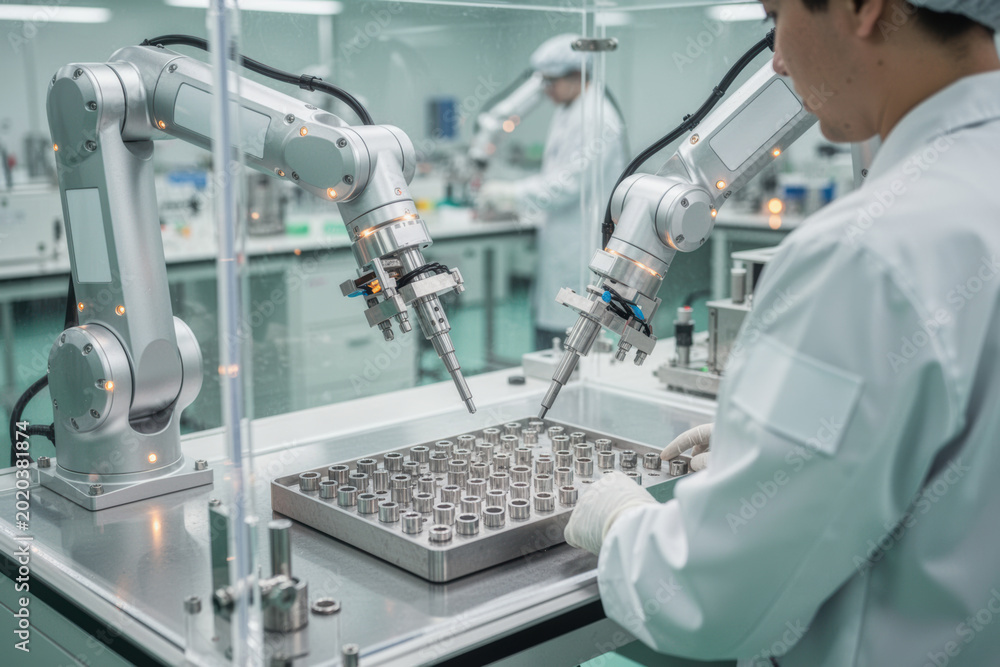 Naklejka premium Man assembling precision components with robotic arms in a clean production line
