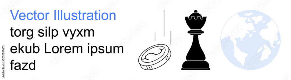 Fototapeta premium Strategic planning, economics, globalization, leadership, decision-making, international relations. Chess piece, coin and globe illustration. Strategic planning and leadership concept