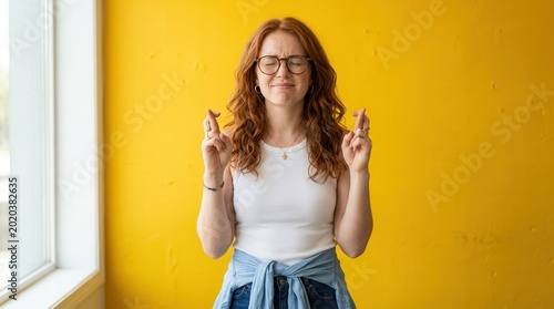 Young woman crossing fingers hoping for good luck