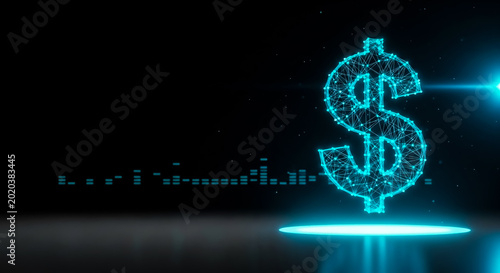 A glowing digital dollar sign hologram on a dark futuristic background with abstract lines and dots.