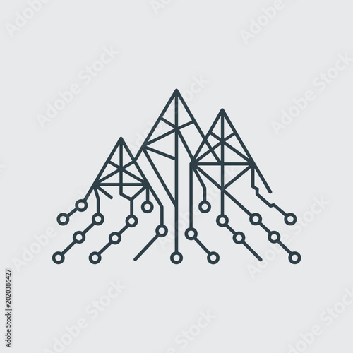Ascending mountain peaks with circuit nodes – Suitable for linked growth, topographical networks, or professional achievement themes.