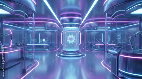 Futuristic Neon Lit Science Fiction Laboratory Interior with Glowing Blue and Purple Light Panels