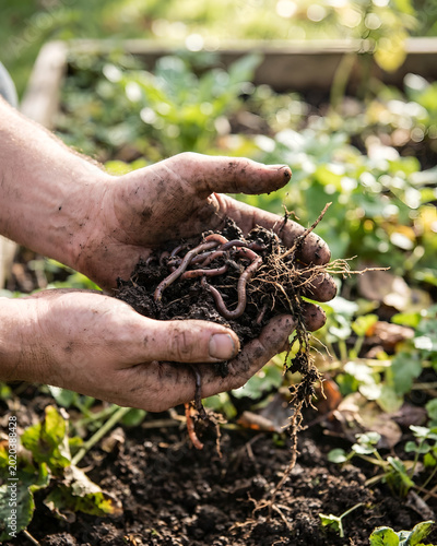 Dirty hands holding earthworms and plant roots in organic garden soil