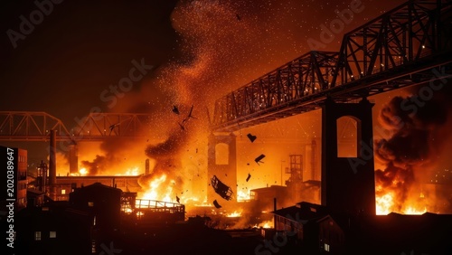 Industrial Inferno: Nighttime bridge scene consumed by fiery demolition with cascading debris