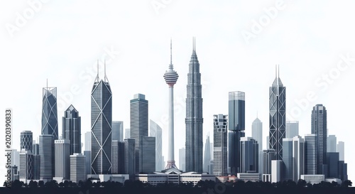 Iconic Kuala Lumpur Skyline - A Modern Monochromatic Architectural Illustration.