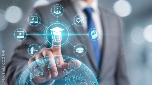 Hand touching global online education network