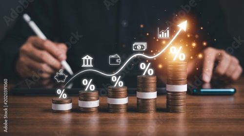 Financial interest rate growth with coins