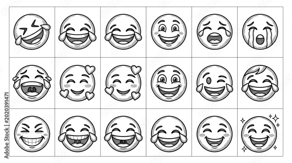 Αυτοκόλλητο Collection of Hand Drawn Emoji Faces Expressing Joy and Laughter.
