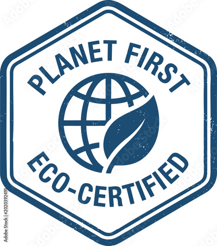 Eco-certified planet first badge with globe and leaf symbol on blue and white seal